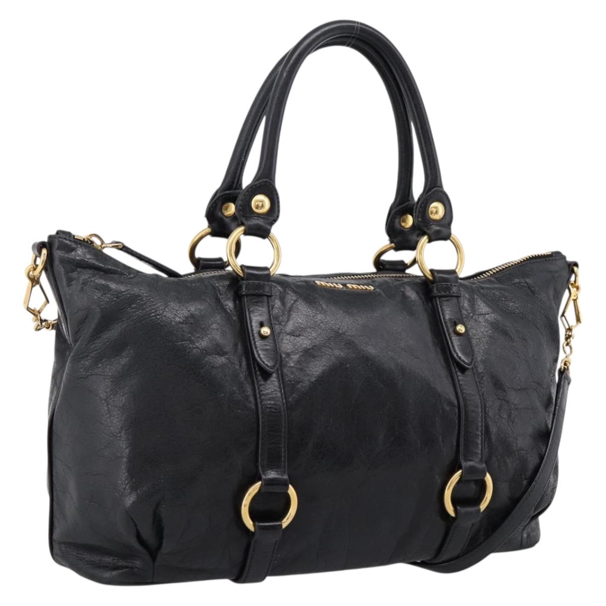 Miu Miu Vittello Shine Hand Bag Leather 2way Black Gold Tone Auth 199341V