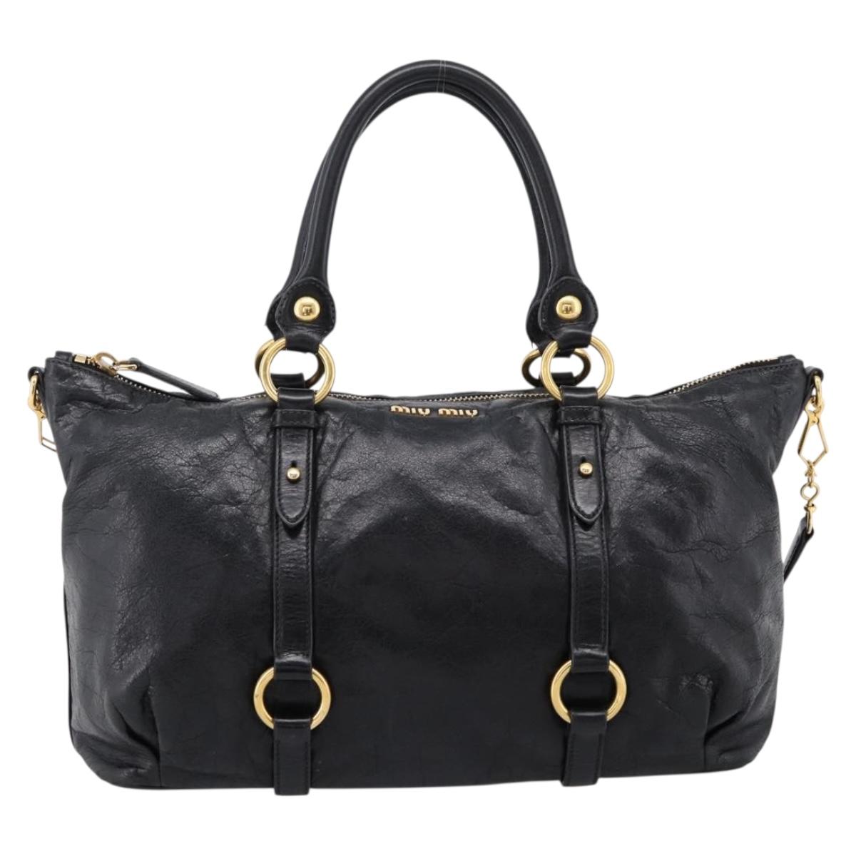 Miu Miu Vittello Shine Hand Bag Leather 2way Black Gold Tone Auth 199341V
