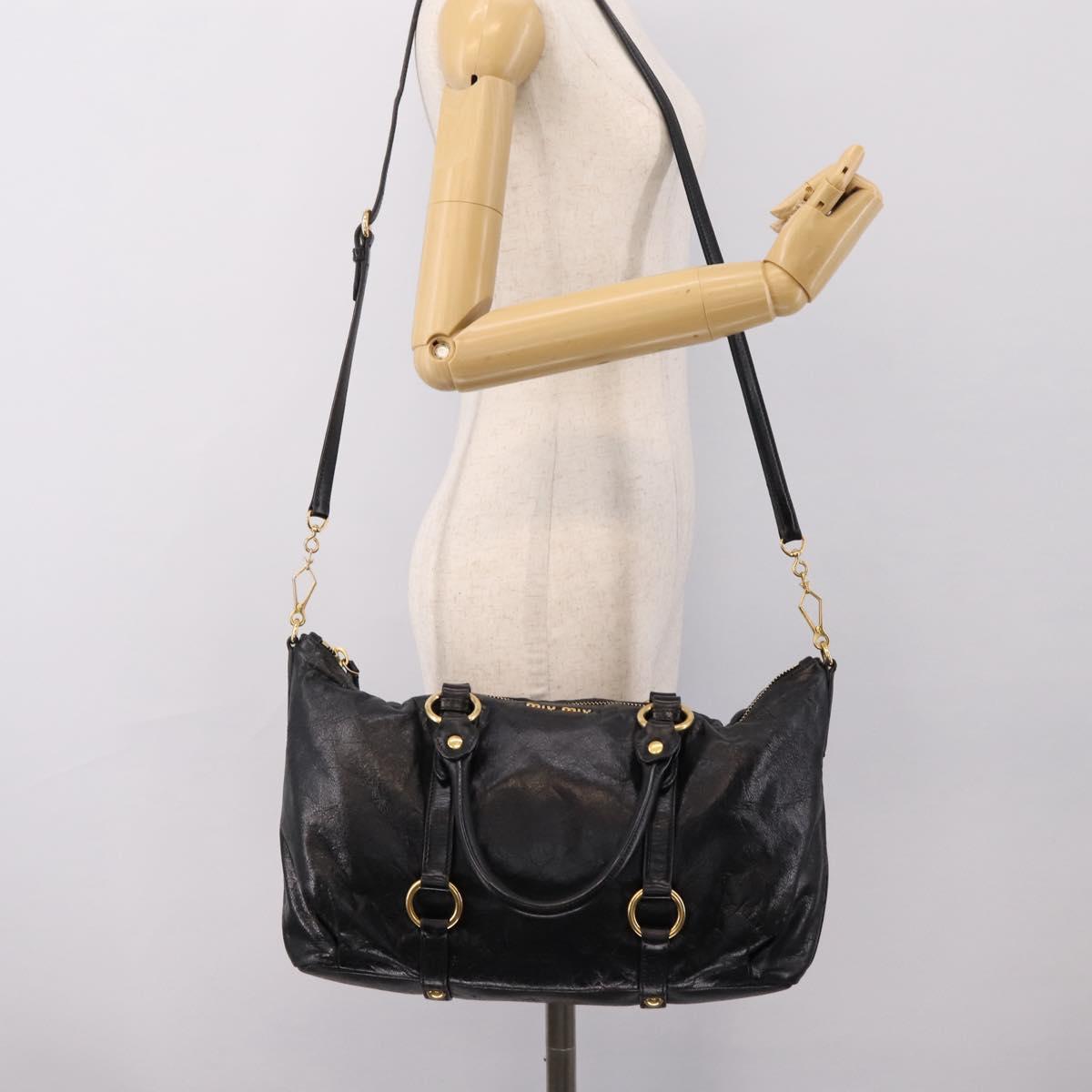 Miu Miu Vittello Shine Hand Bag Leather 2way Black Gold Tone Auth 199341V