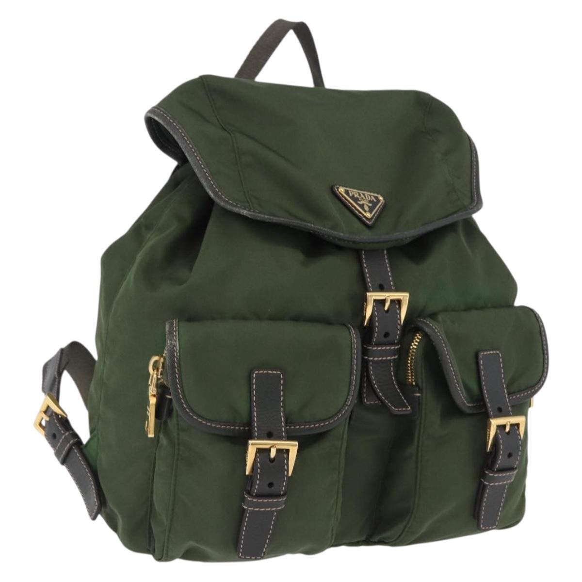 PRADA Backpack Nylon Green Gold Tone Auth 199343A