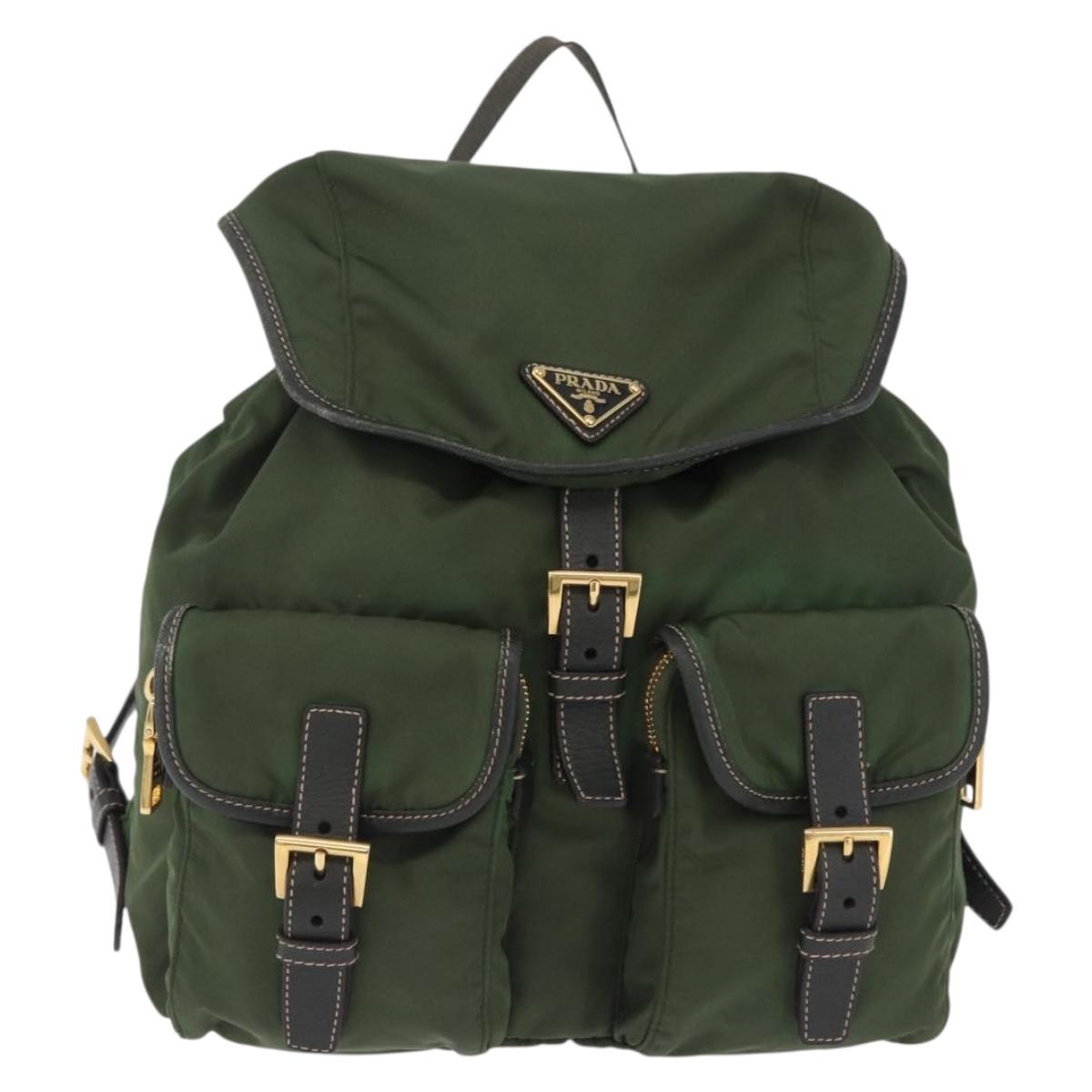PRADA Backpack Nylon Green Gold Tone Auth 199343A