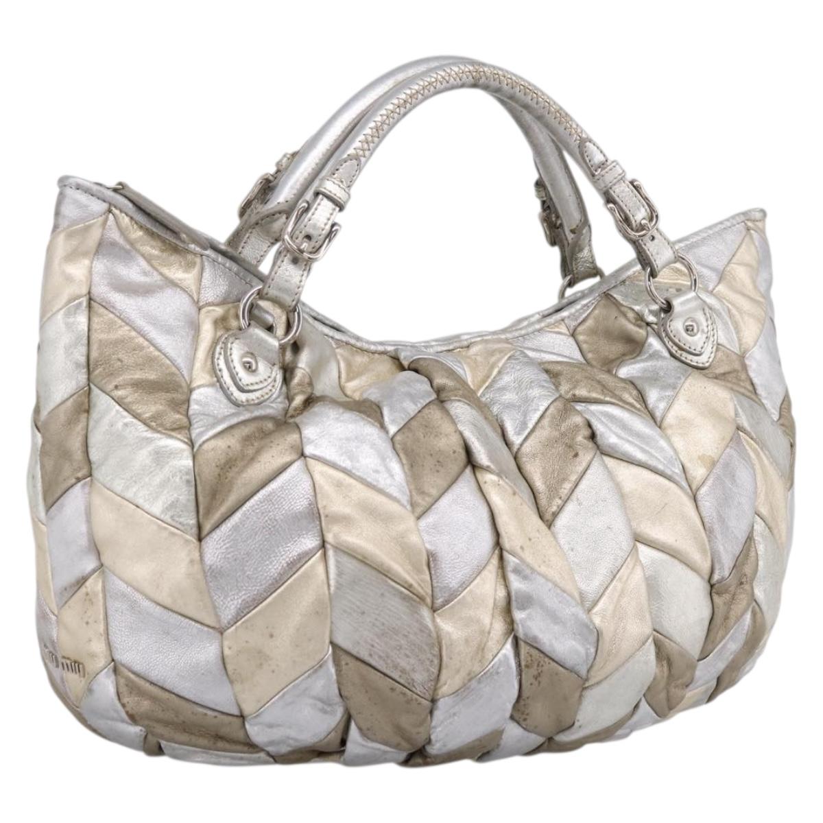 Miu Miu Tote Bag Leather Silver Gold Auth 199356A