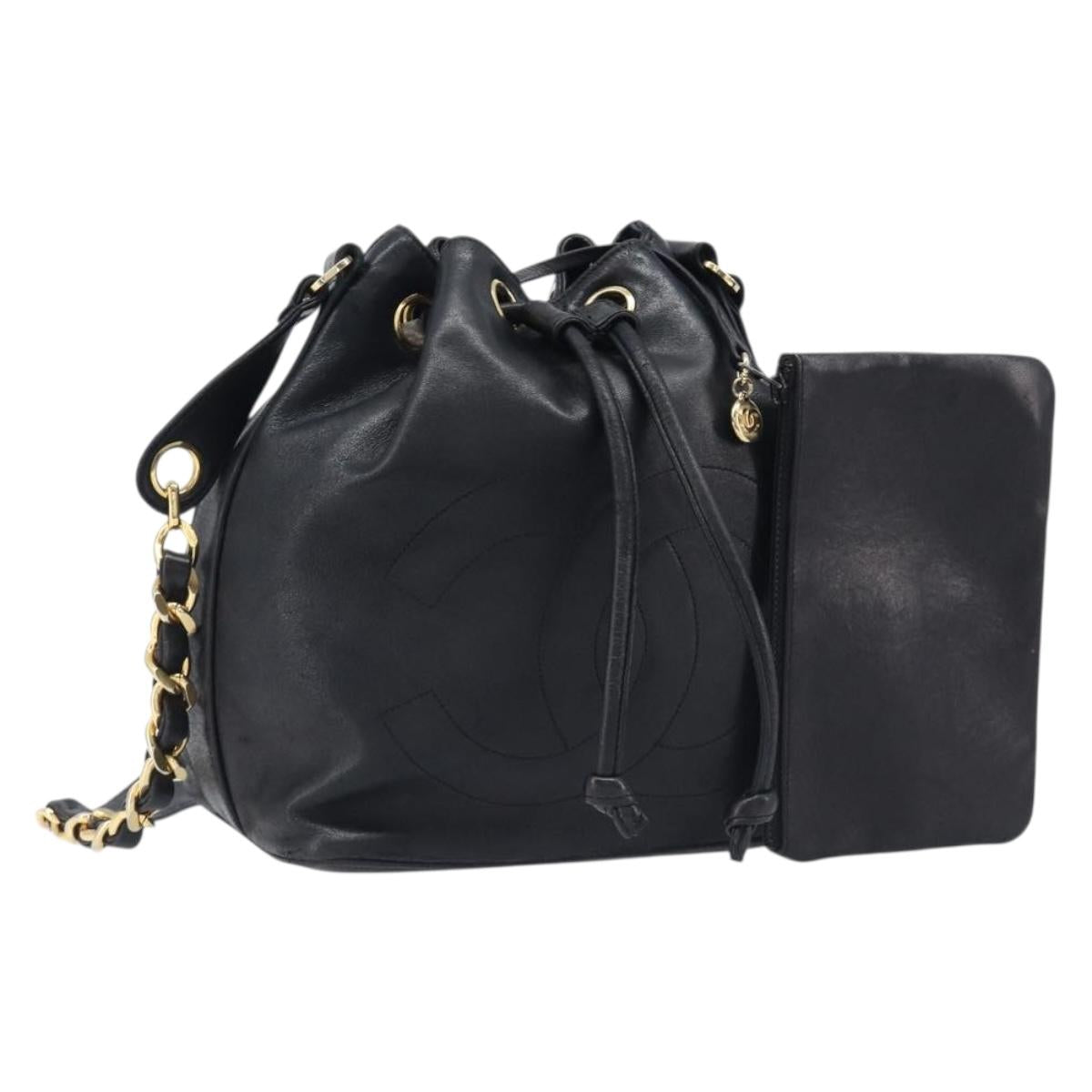 CHANEL Drawstring Chain Shoulder Bag Lamb Skin Black Gold Tone CC Auth 199358V