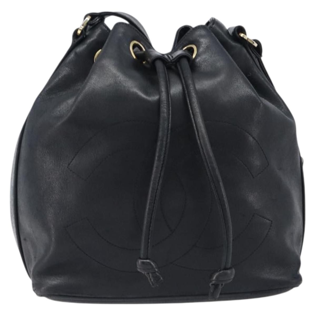 CHANEL Drawstring Chain Shoulder Bag Lamb Skin Black Gold Tone CC Auth 199358V