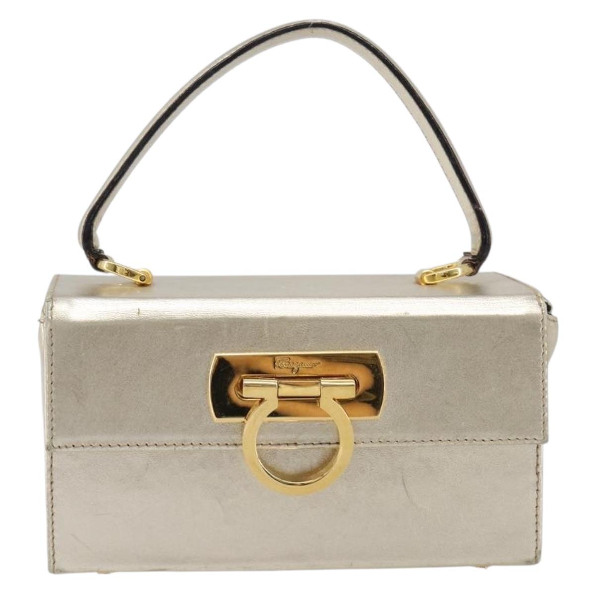Salvatore Ferragamo Gancini Vanity Hand Bag Leather Gold Auth 199364A