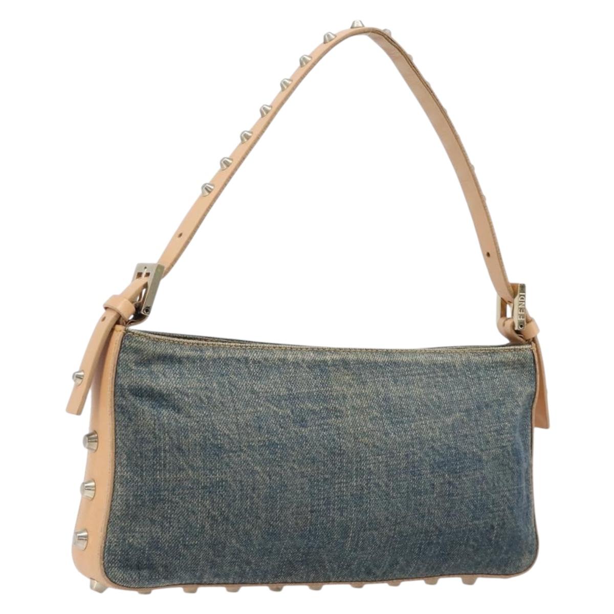 FENDI Studs Hand Bag Denim Blue Beige 8BR042 Auth 199365A