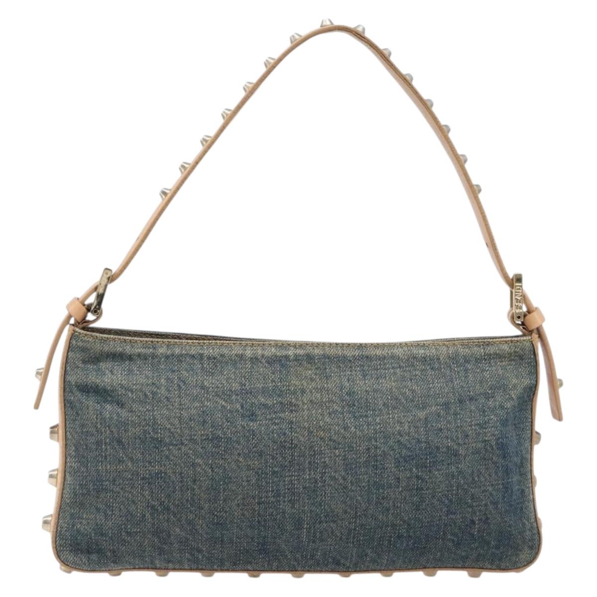 FENDI Studs Hand Bag Denim Blue Beige 8BR042 Auth 199365A