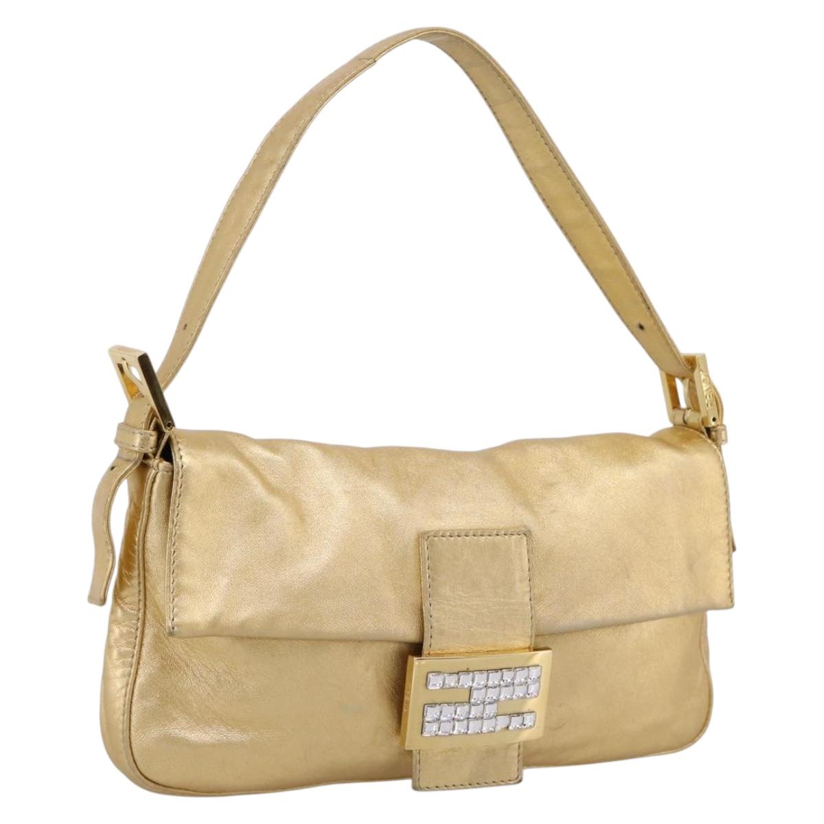 FENDI Mamma Baguette Shoulder Bag Leather Gold Silver Auth 199367A