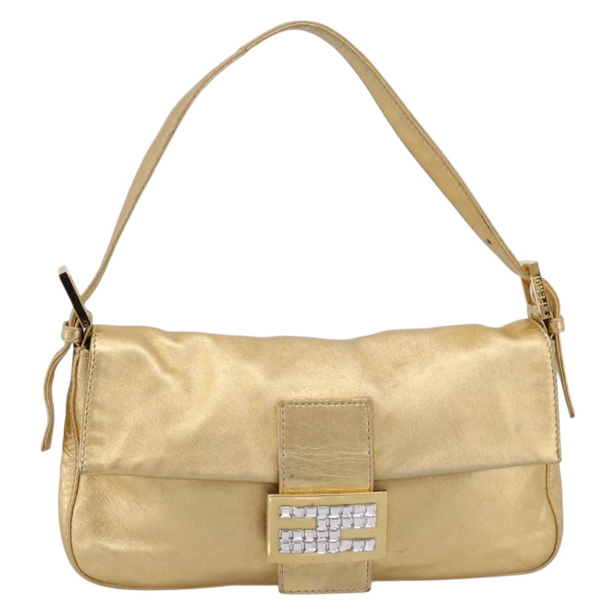 FENDI Mamma Baguette Shoulder Bag Leather Gold Silver Auth 199367A