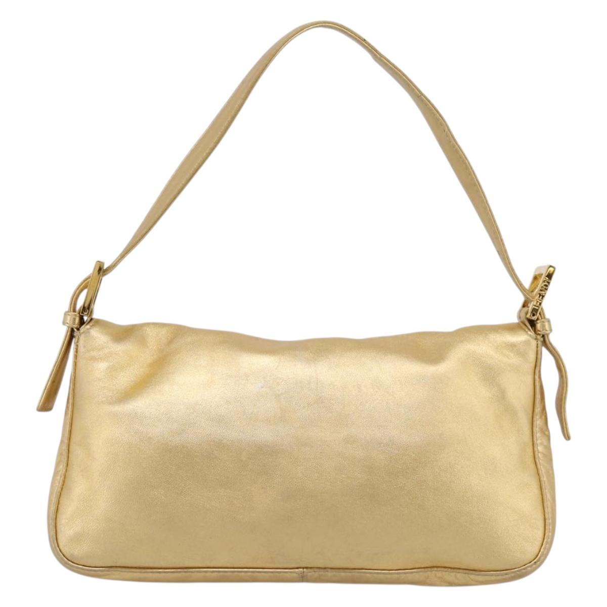 FENDI Mamma Baguette Shoulder Bag Leather Gold Silver Auth 199367A