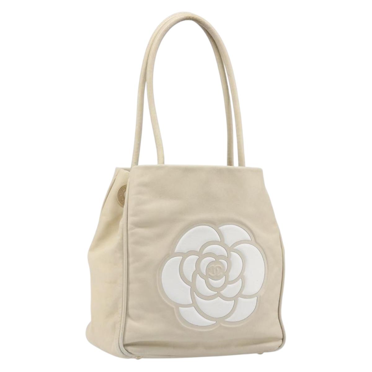 CHANEL Camelia Tote Bag Lamb Skin Beige Gold Tone CC Auth 199382V