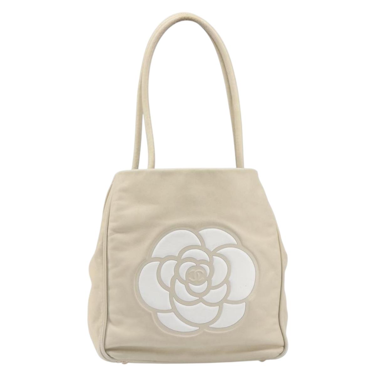CHANEL Camelia Tote Bag Lamb Skin Beige Gold Tone CC Auth 199382V