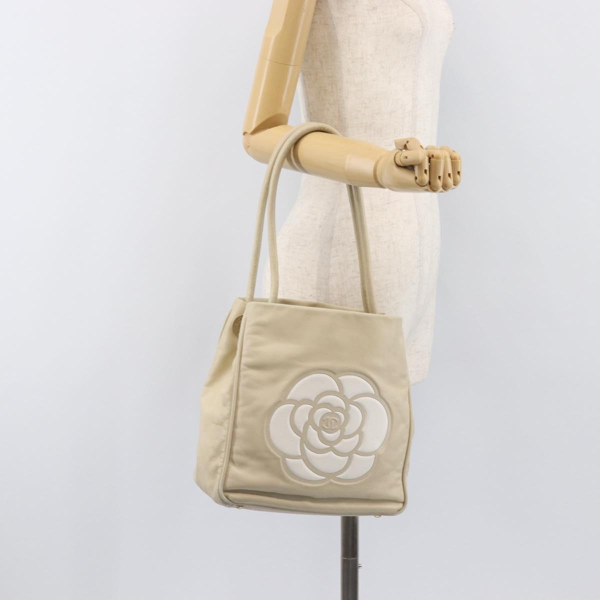CHANEL Camelia Tote Bag Lamb Skin Beige Gold Tone CC Auth 199382V