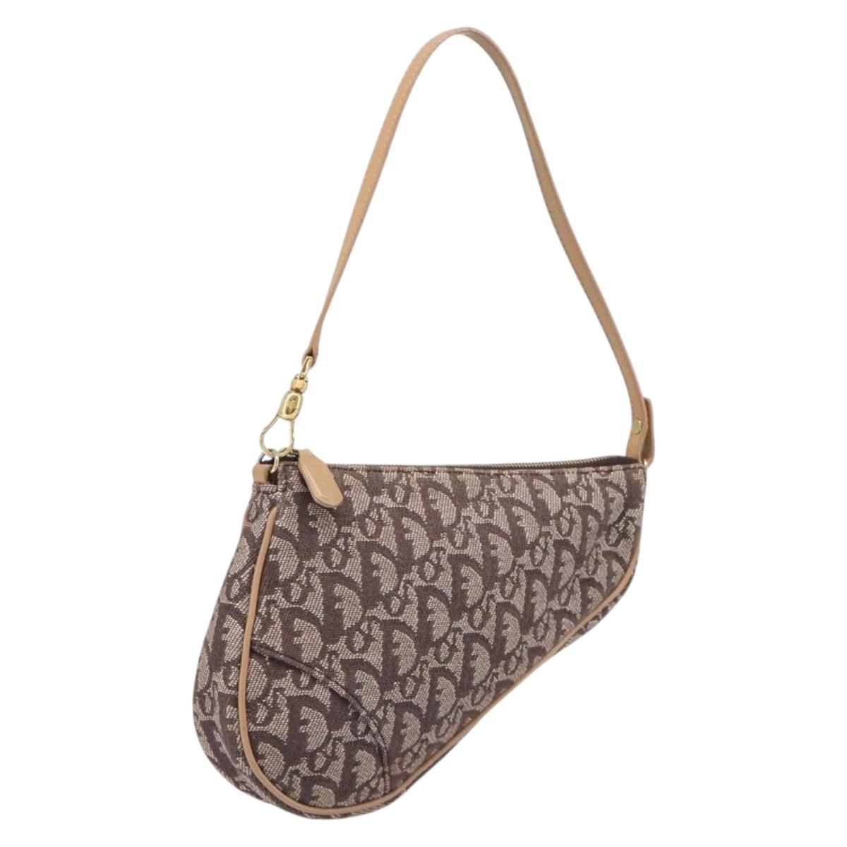 Christian Dior Trotter Canvas Saddle Pouch Brown Gold Tone Auth 199384V