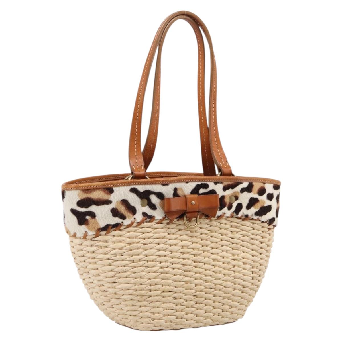 Miu Miu Tote Bag Raffia Beige Gold Auth 199393V
