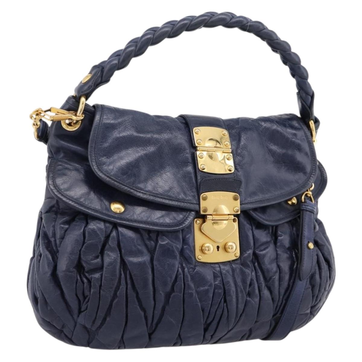 Miu Miu Matelasse Hand Bag Leather 2way Navy Gold Auth 199410V