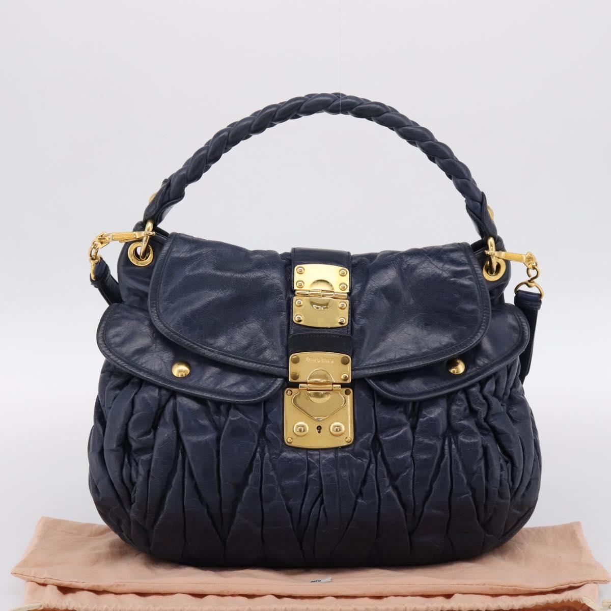Miu Miu Matelasse Hand Bag Leather 2way Navy Gold Auth 199410V