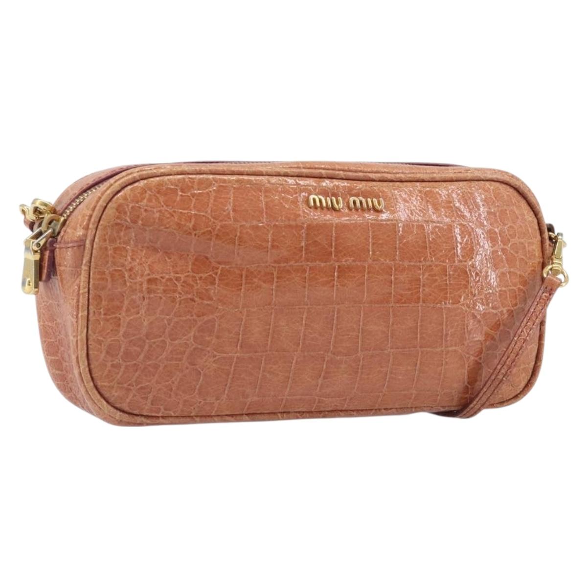 Miu Miu Shoulder Bag Leather Embossed Brown Gold Auth 199420A