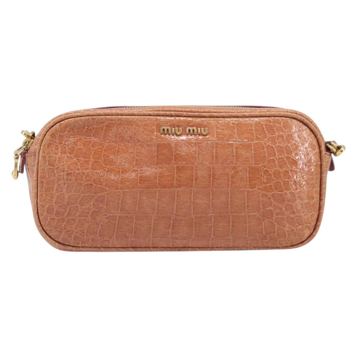 Miu Miu Shoulder Bag Leather Embossed Brown Gold Auth 199420A