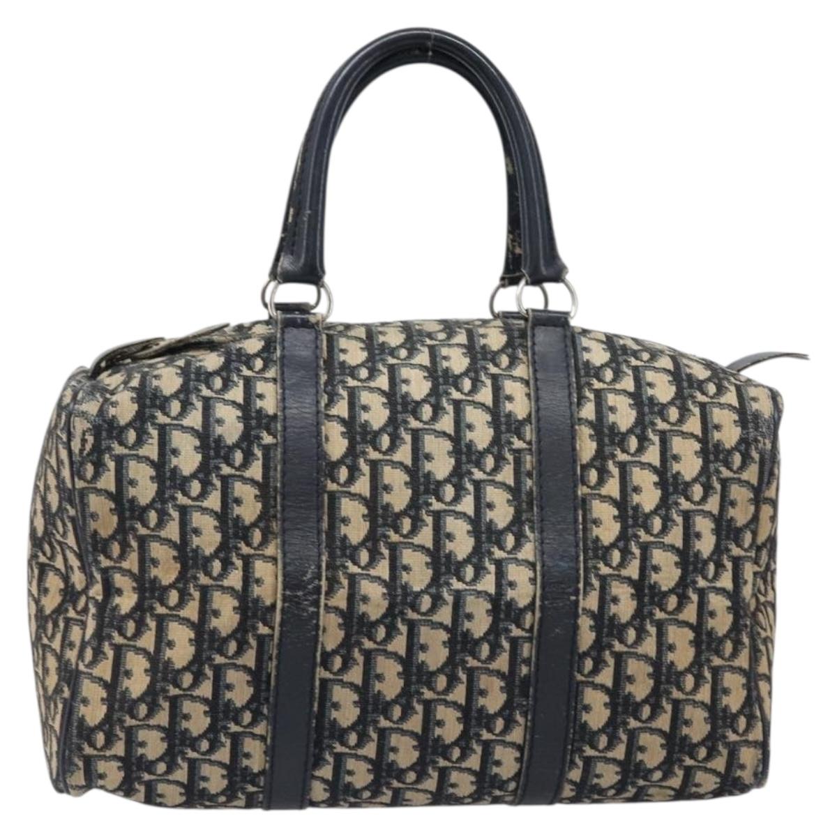 Christian Dior Trotter Canvas Boston Bag Navy Silver Auth 199424