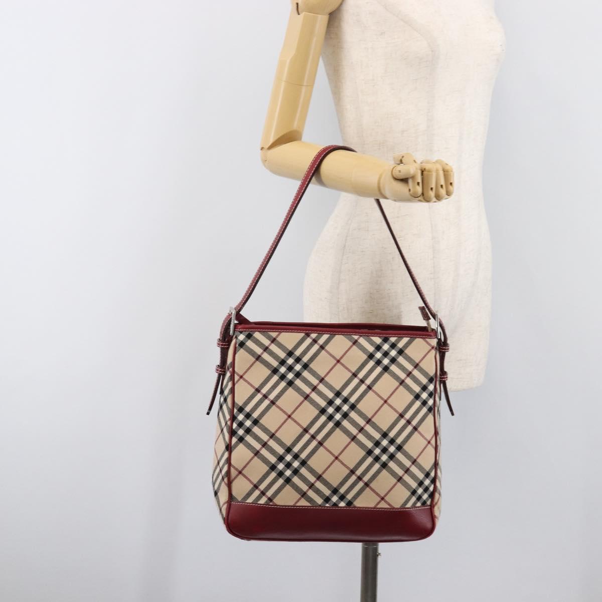 BURBERRY Nova Check Blue Label Shoulder Bag Canvas Beige Silver Auth 199428