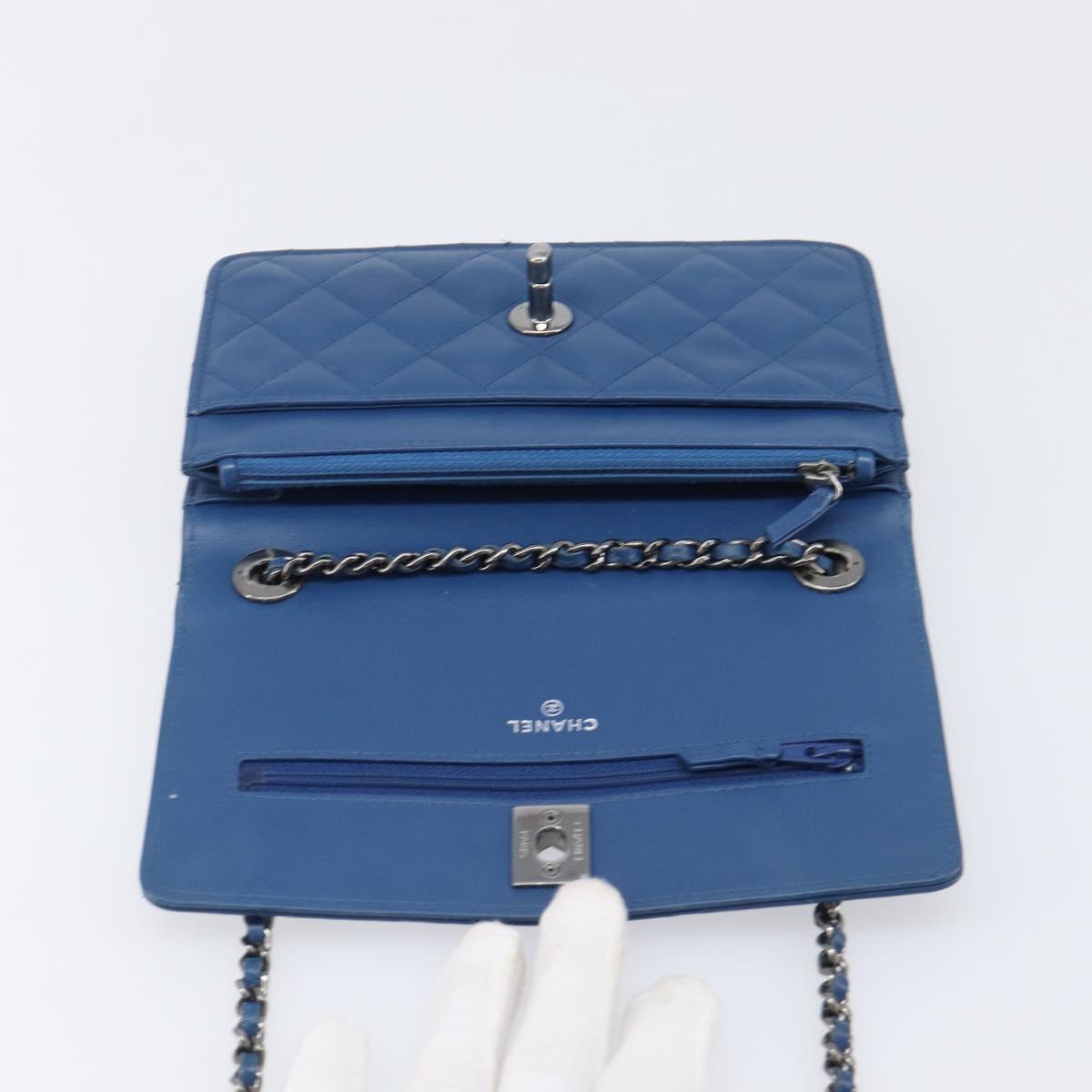 CHANEL Matelasse Trendy CC Chain Wallet Lamb Skin Blue Silver CC Auth 199460SAM