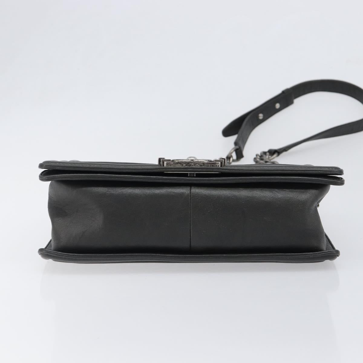 CHANEL Matelasse Boy Chanel Chain Bag Leather Black Silver CC Auth 199461SAM