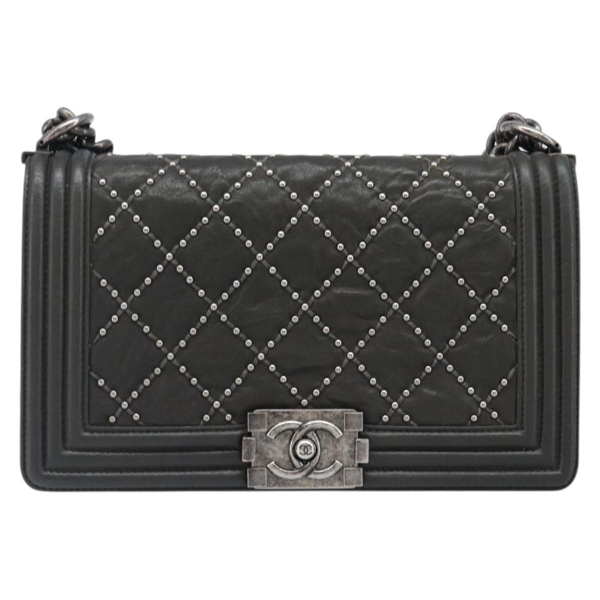 CHANEL Matelasse Boy Chanel Chain Bag Leather Black Silver CC Auth 199461SAM