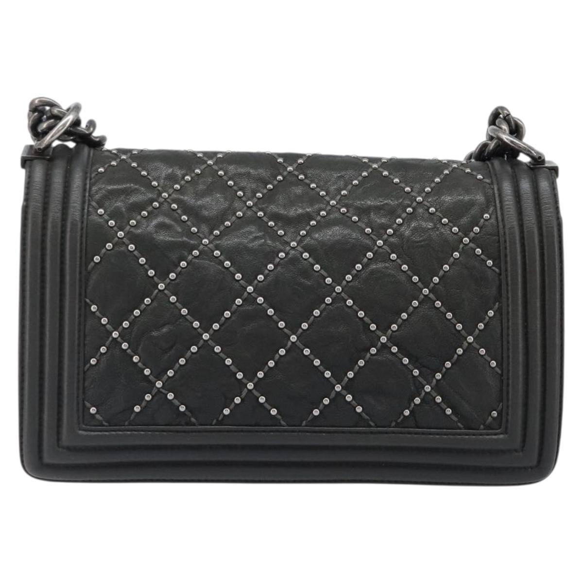 CHANEL Matelasse Boy Chanel Chain Bag Leather Black Silver CC Auth 199461SAM