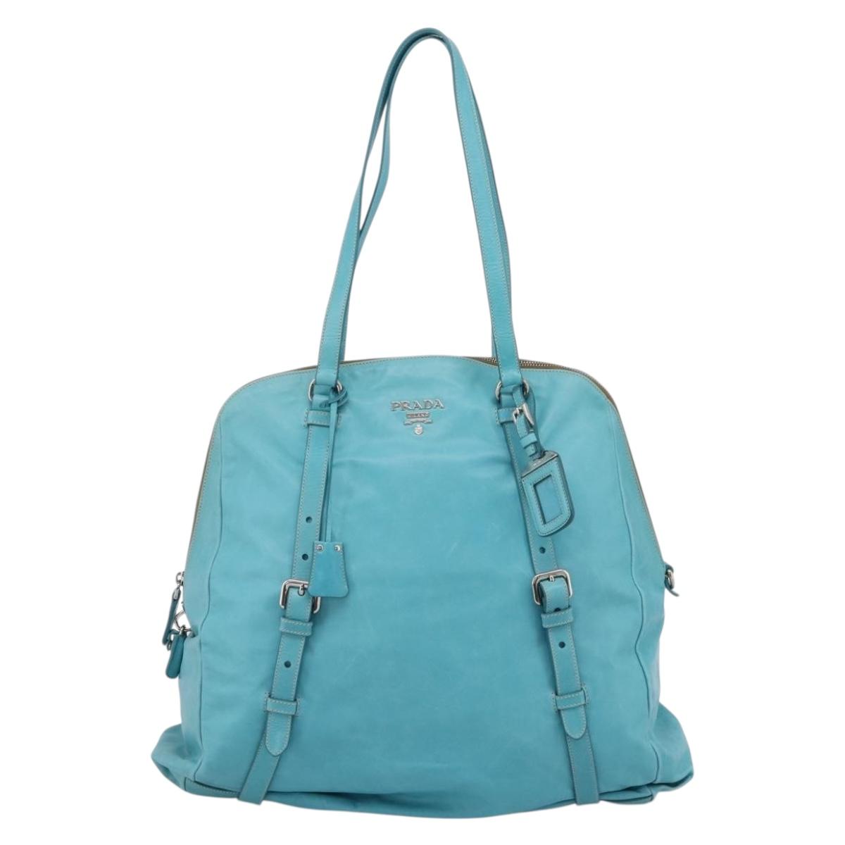 PRADA Tote Bag Leather Light Blue Silver Auth 199466V