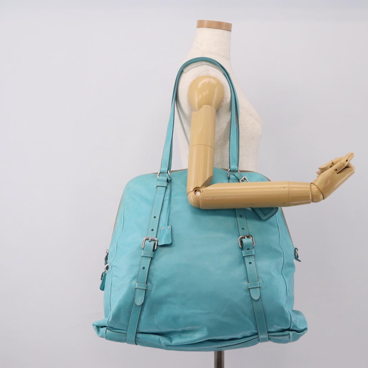 PRADA Tote Bag Leather Light Blue Silver Auth 199466V