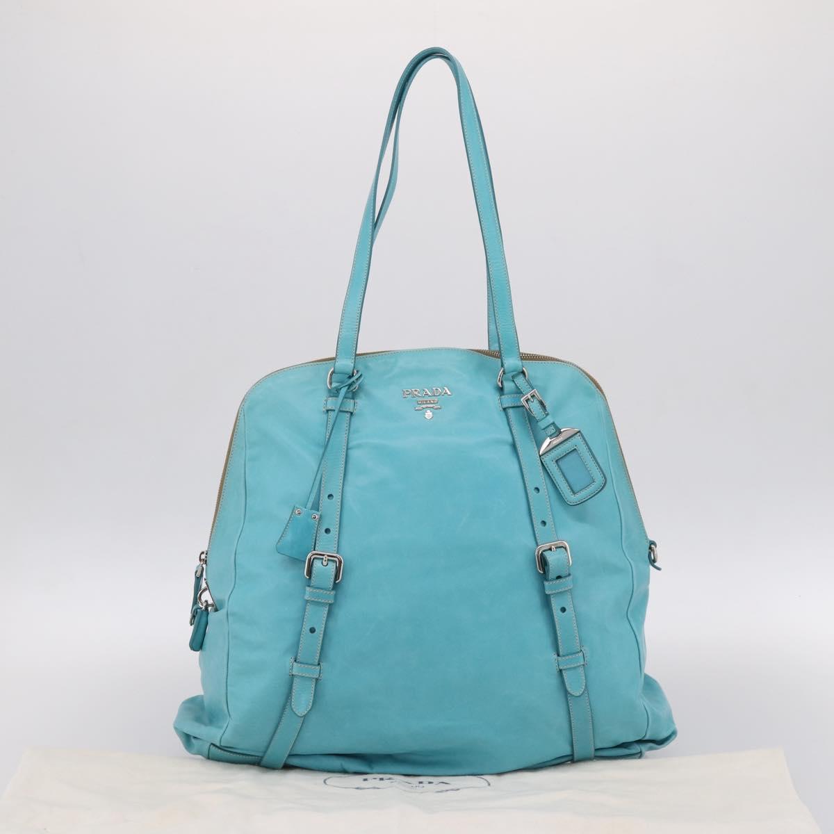 PRADA Tote Bag Leather Light Blue Silver Auth 199466V