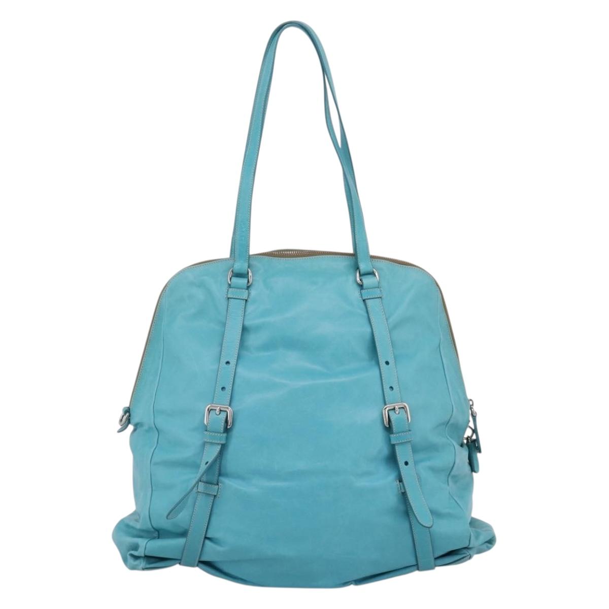 PRADA Tote Bag Leather Light Blue Silver Auth 199466V