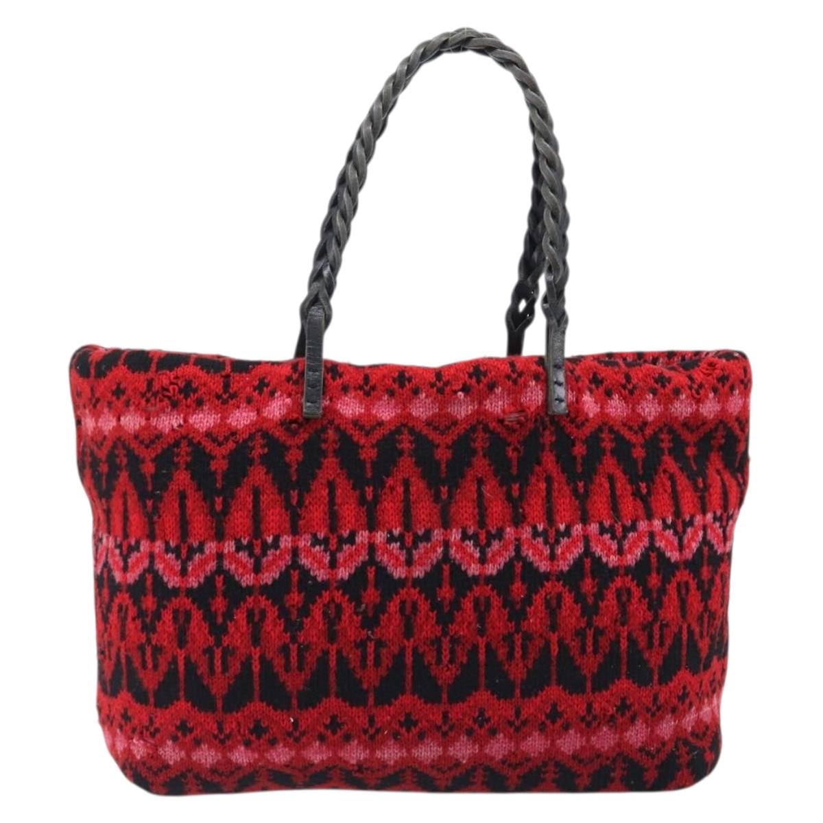 FENDI Tote Bag Wool Red Silver Auth 199467A