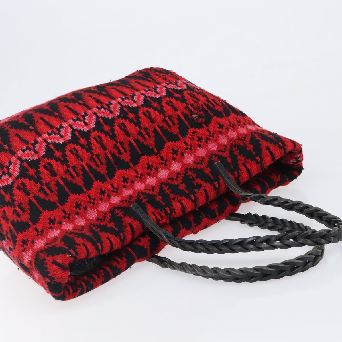 FENDI Tote Bag Wool Red Silver Auth 199467A