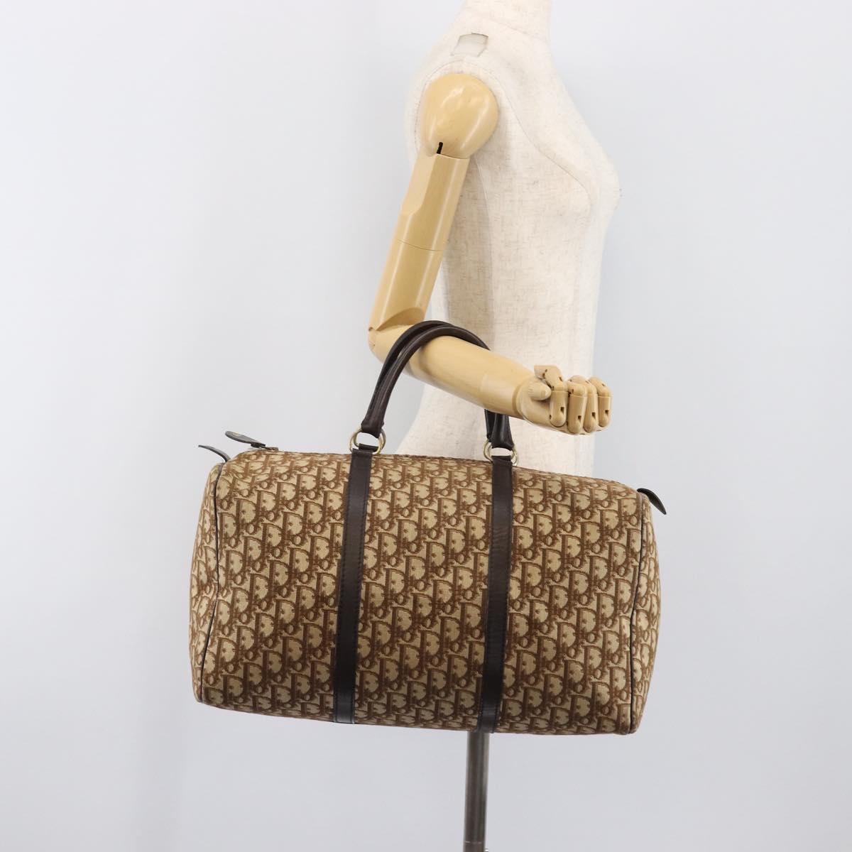 Christian Dior Trotter Canvas Boston Bag Brown Gold Auth 199471