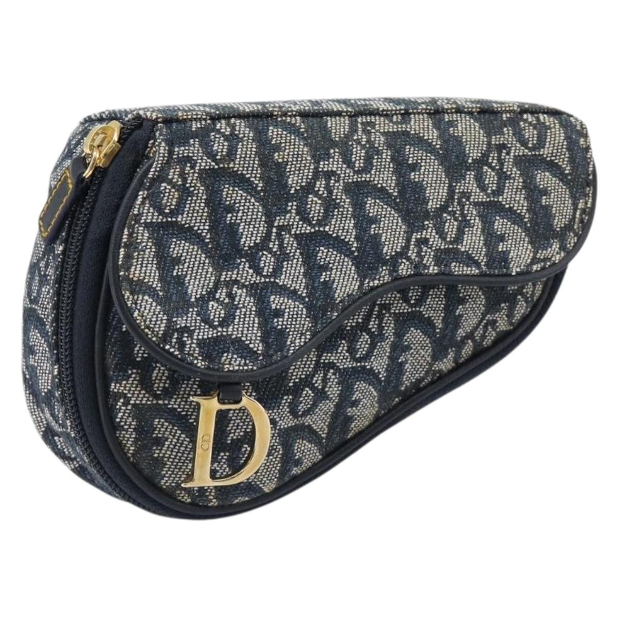 Christian Dior Trotter Canvas Saddle Pouch Navy Gold Auth 199475
