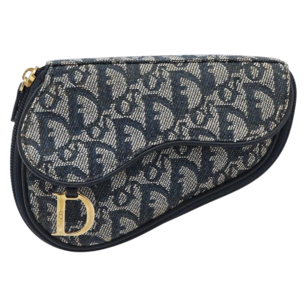 Christian Dior Trotter Canvas Saddle Pouch Navy Gold Auth 199475