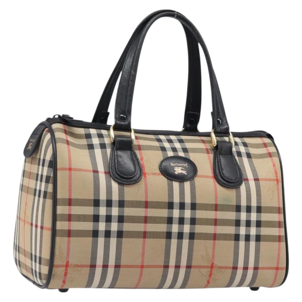 Burberrys Nova Check Boston Bag Canvas Beige Gold Auth 199480