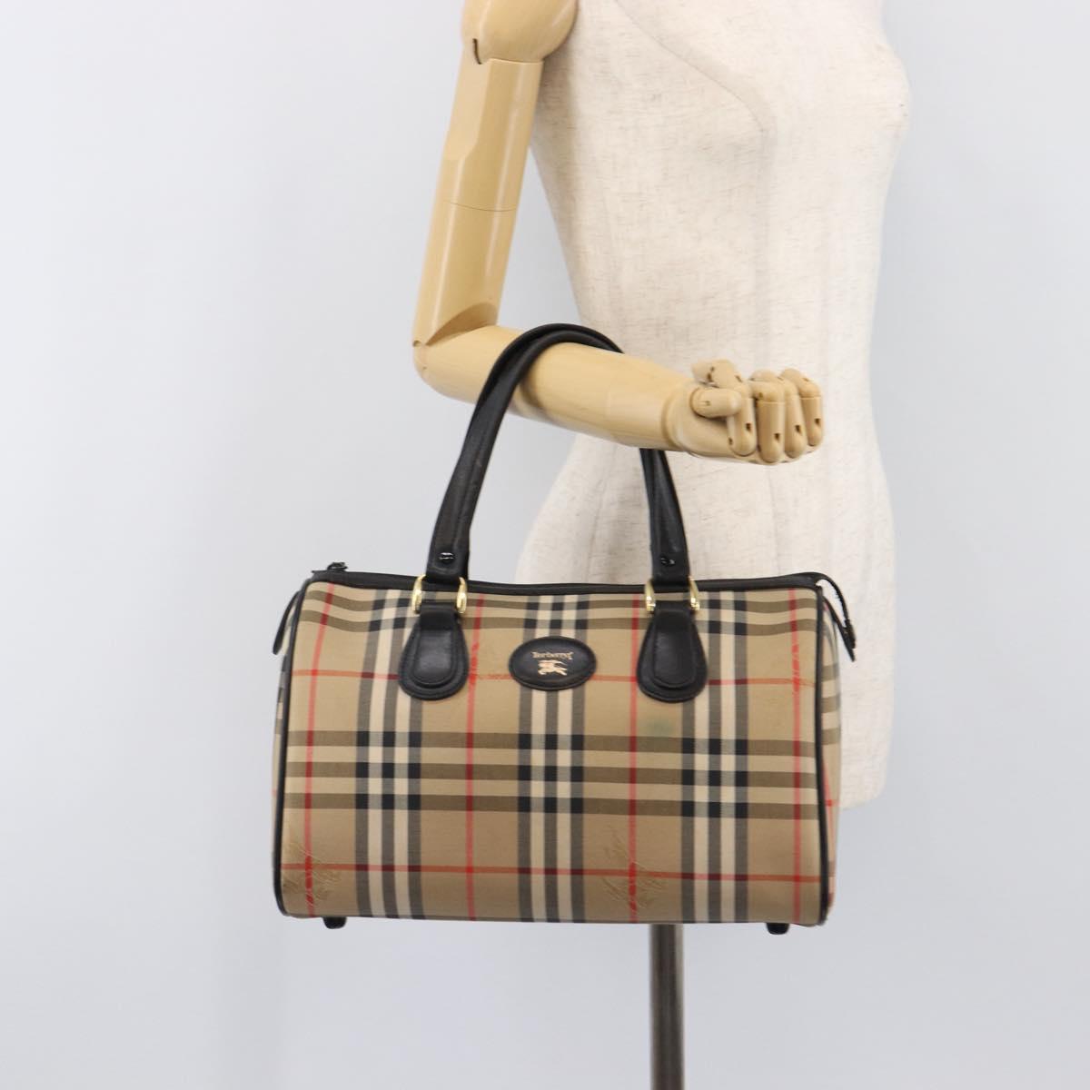 Burberrys Nova Check Boston Bag Canvas Beige Gold Auth 199480