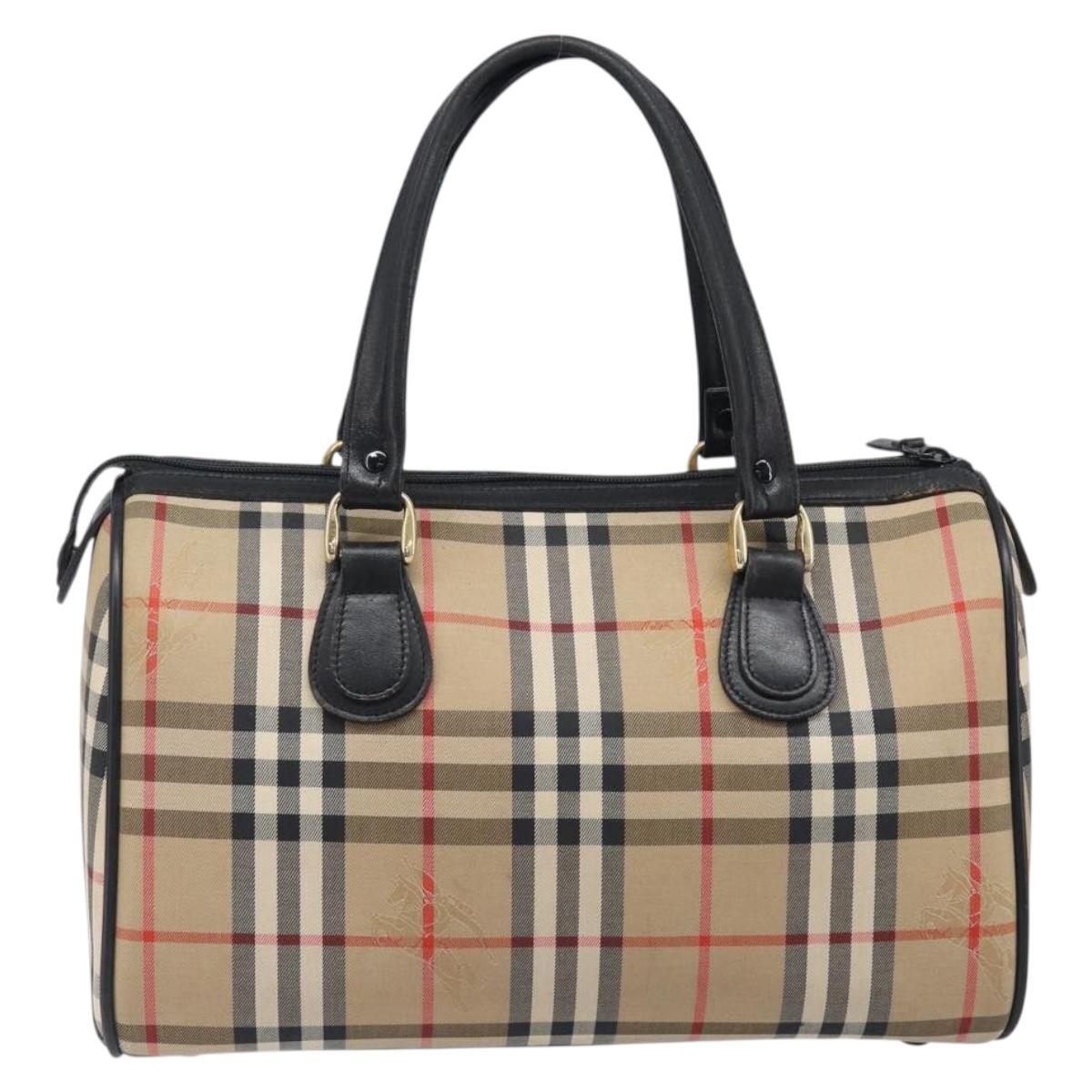 Burberrys Nova Check Boston Bag Canvas Beige Gold Auth 199480