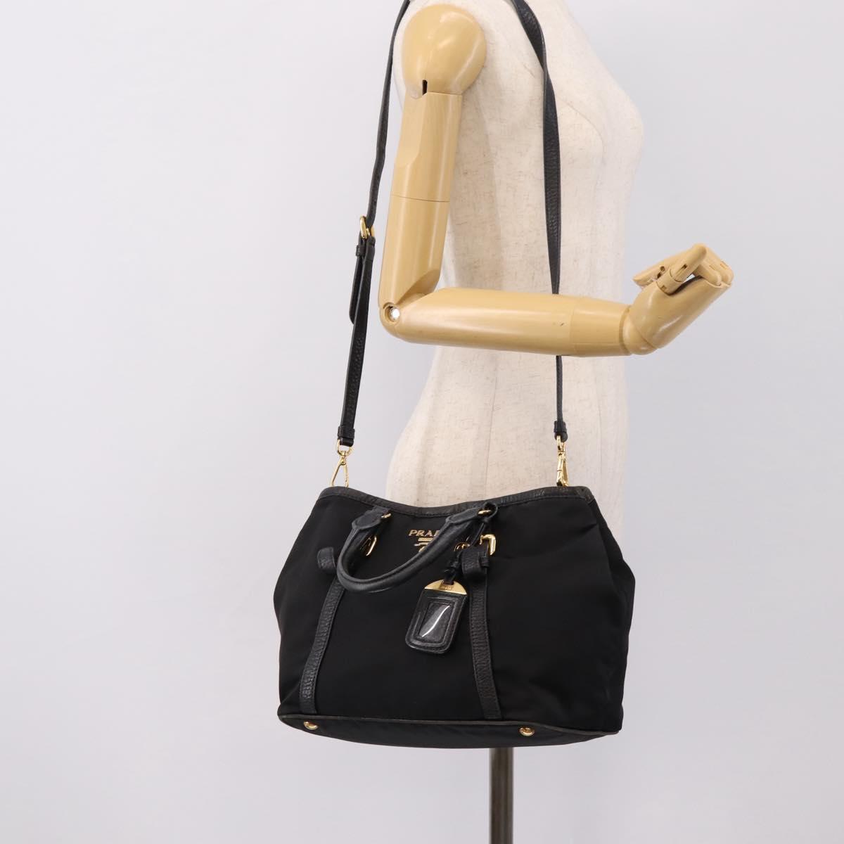 PRADA Hand Bag Nylon Leather 2way Black Gold Auth 199485A