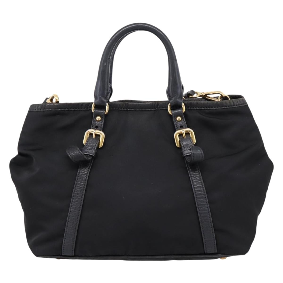 PRADA Hand Bag Nylon Leather 2way Black Gold Auth 199485A