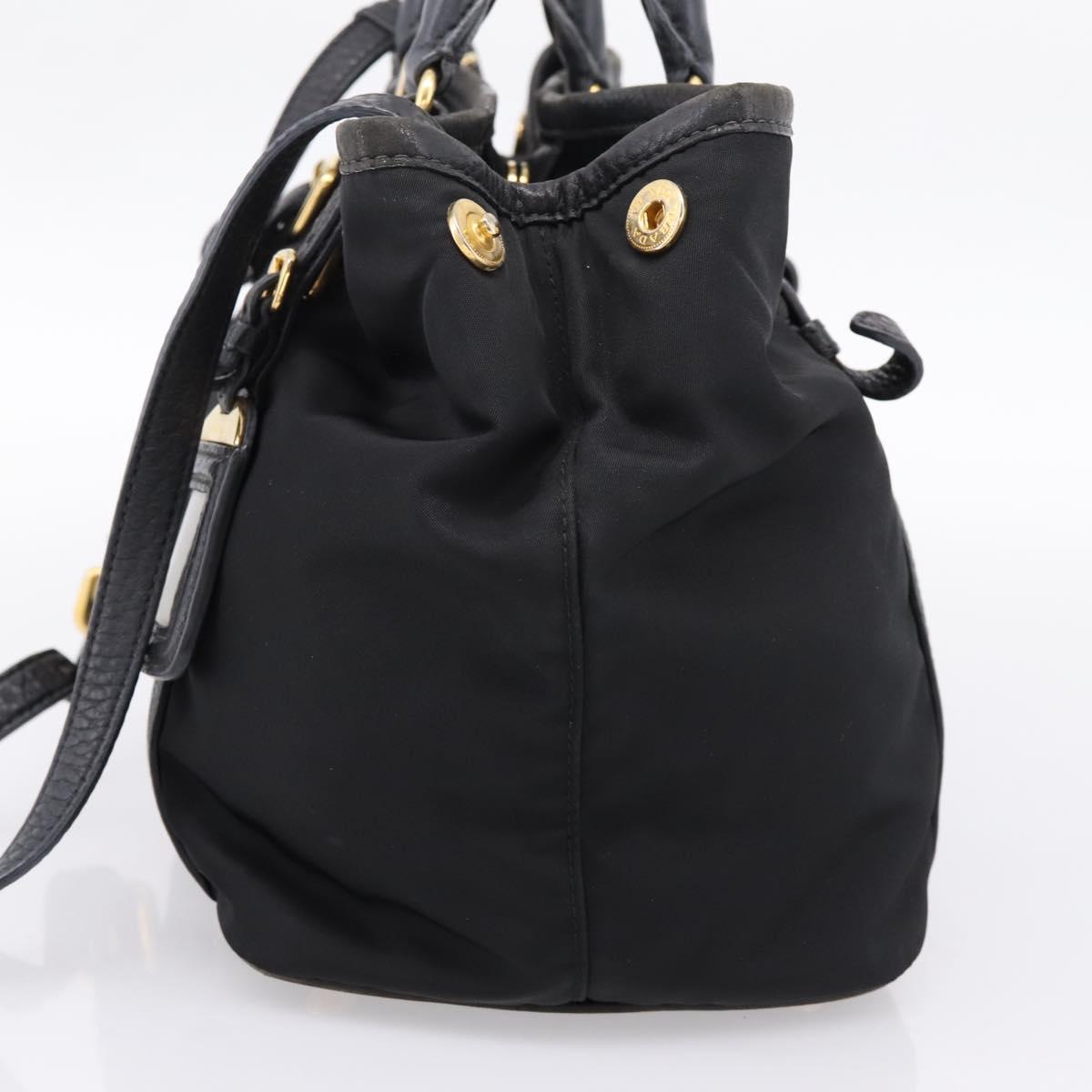 PRADA Hand Bag Nylon Leather 2way Black Gold Auth 199485A