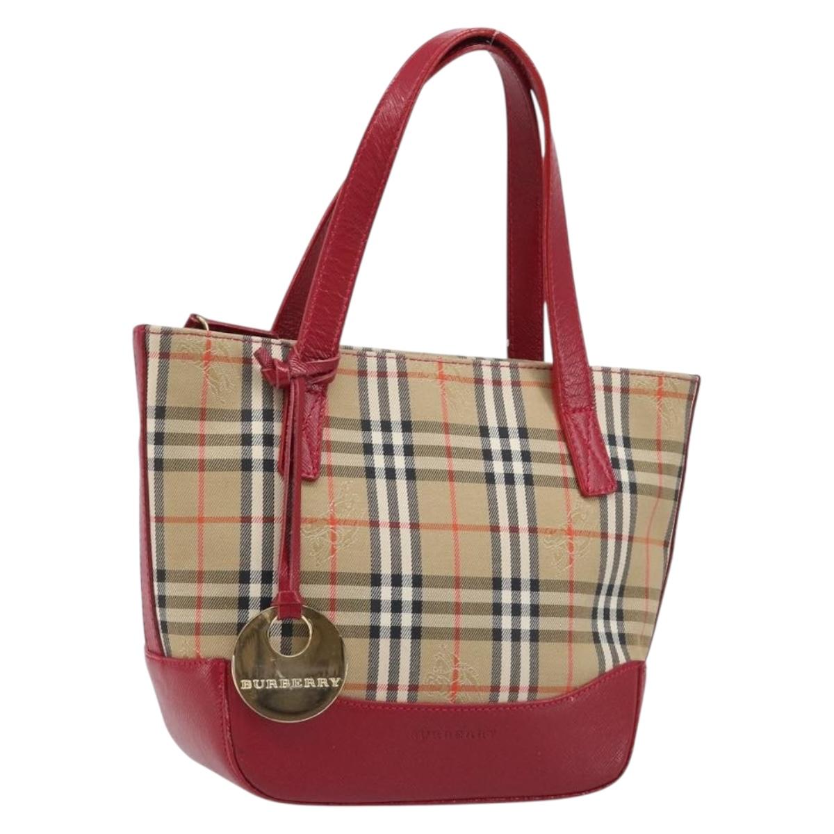 BURBERRY Nova Check Hand Bag Canvas Beige Red Auth 199497A