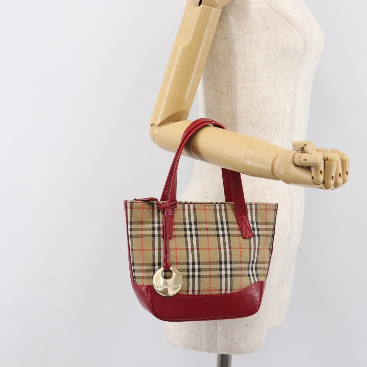BURBERRY Nova Check Hand Bag Canvas Beige Red Auth 199497A