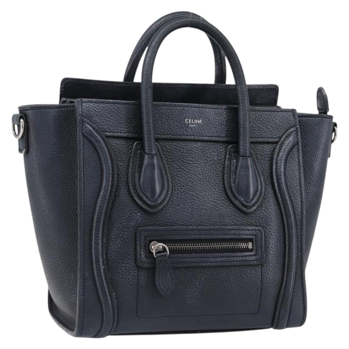 CELINE Luggage Nano Shopper Hand Bag Leather Navy Silver Auth 199504