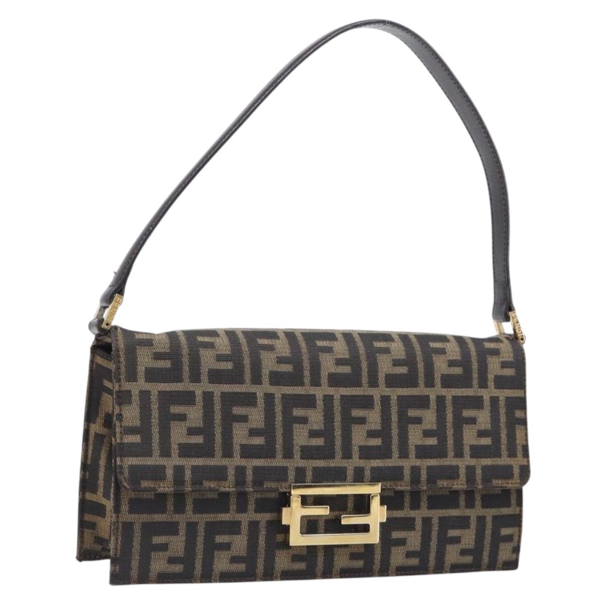 FENDI Zucca Canvas Shoulder Bag Brown Gold Tone Auth 199508A