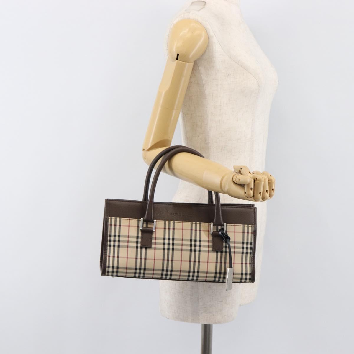 BURBERRY Nova Check Hand Bag Canvas Beige Silver Auth 199509A
