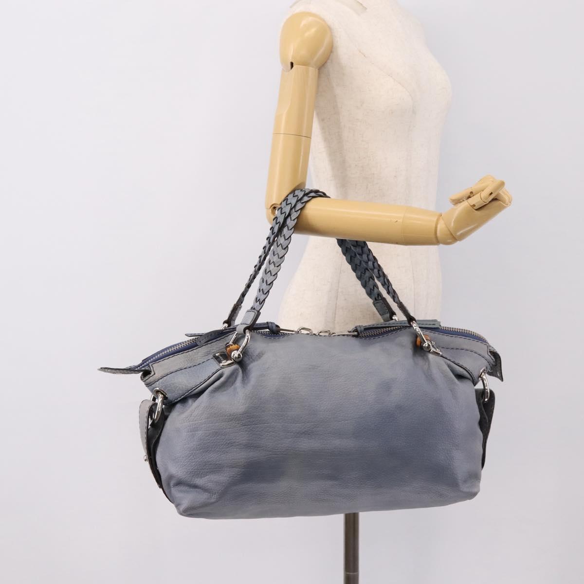 GUCCI Bamboo Shoulder Bag Leather Blue Silver 232959 Auth 199519